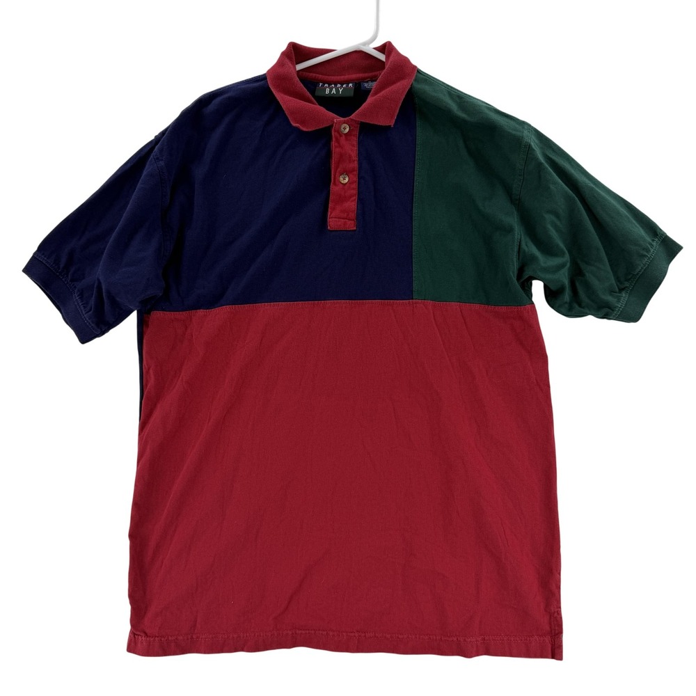 Vintage Trader Bay Mens Medium Colorblock Rugby Polo Shirt Red Navy Green Cotton